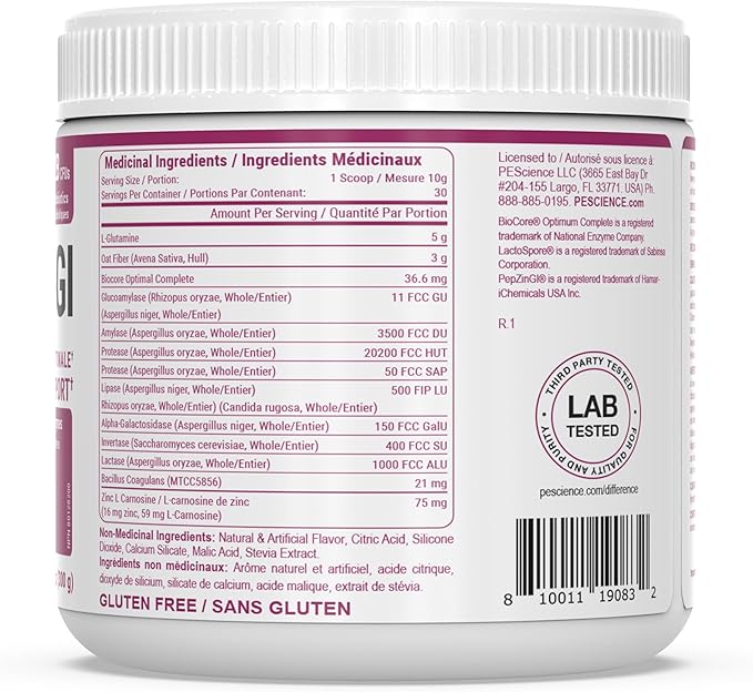 PEScience Complete-GI Gut Health Powder, Probiotics for Women and Men, Digestive Enzymes, Prebiotic Fiber, L Glutamine, Pepzin GI Zinc Carnosine - Raspberry Flavor, 30 Servings