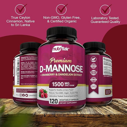NutriFlair D-Mannose 120 Capsules, 1500mg - with Cranberry and Dandelion Extract - Natural Urinary Tract Health UTI Support - Best D Mannose Powder - Flush Impurities, Detox Body, for Women and Men