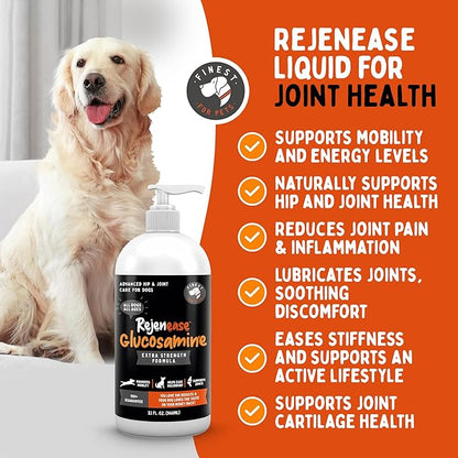 Liquid Glucosamine for Dogs with Chondroitin, MSM & Hyaluronic Acid (32oz). Hip & Joint Supplement Supports Better Mobility & Promotes New Cartilage. Eases Joint Stiffness. Rejenease, Made in USA
