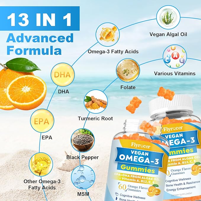 Vegan Omega 3 Gummies - Algal Oil Omega 3 Supplement with DHA, EPA & 10 Essential Vitamins, Fish Oil Alternative - Support Brain, Eye & Immunity for Adults, Orange Flavor, 60 Count