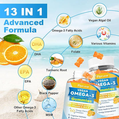 Vegan Omega 3 Gummies - Algal Oil Omega 3 Supplement with DHA, EPA & 10 Essential Vitamins, Fish Oil Alternative - Support Brain, Eye & Immunity for Adults, Orange Flavor, 60 Count