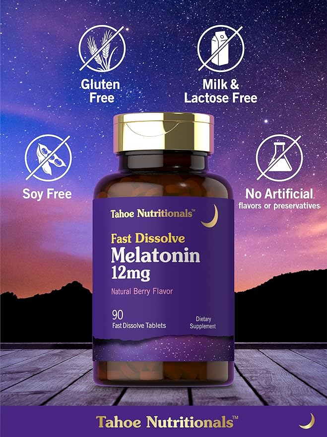 Tahoe Nutritionals Melatonin 12mg Fast Dissolve Tablets | 90 Pills | Berry Flavored Supplement for Adults | Vegetarian, Non-GMO, Gluten Free