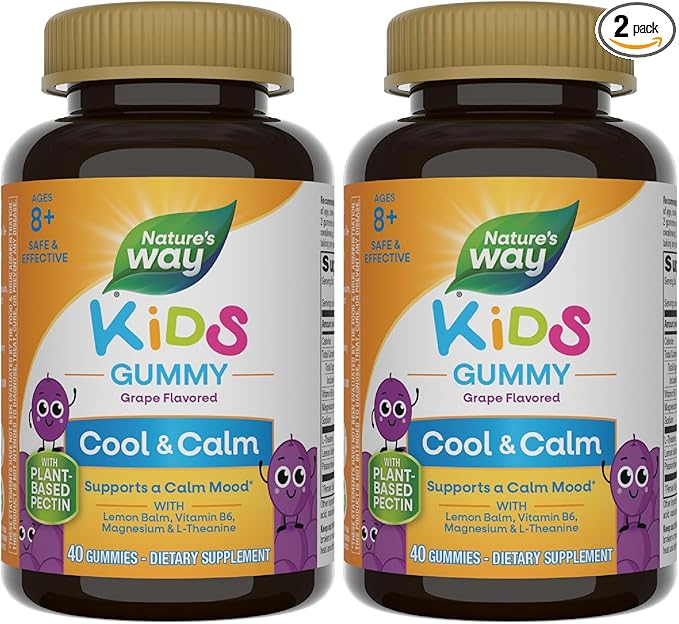 Nature's Way Kids Cool & Calm Gummies,Supports a Calm Mood in Kids Ages 8+*,Lemon Balm,Magnesium,Vitamin B6,L-Theanine,Grape Flavored,Vegetarian,(Packaging May Vary),40 Count (Pack of 2)