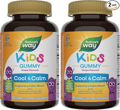 Nature's Way Kids Cool & Calm Gummies,Supports a Calm Mood in Kids Ages 8+*,Lemon Balm,Magnesium,Vitamin B6,L-Theanine,Grape Flavored,Vegetarian,(Packaging May Vary),40 Count (Pack of 2)