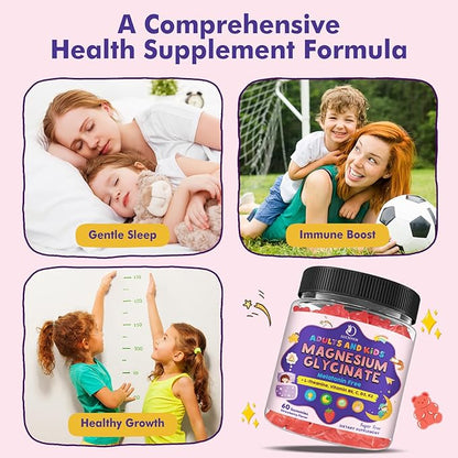 Magnesium Glycinate Gummies for Kids 4+ & Adults- Melatonin Free Sleep Aid, Magnesium Glycinate 150/300 mg Supplements for Calm & Relaxation Support, Sugar Free Strawberry Flavor, 120 Ct