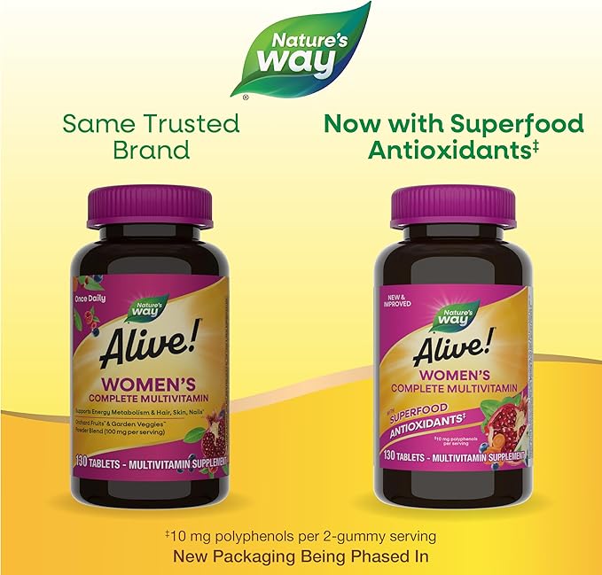 Nature's Way Alive! Daily Complete Multivitamin for Women, Supports Energy Metabolism, Hair, Skin & Nails*, B-Vitamins, Superfood Antioxidants, 130 Tablets (Packaging May Vary), (Pack of 2)