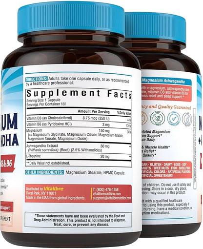 Magnesium Complex with Ashwagandha & L-Theanine - Stress Relief, Bone & Relaxation Support - w/Vitamin D3, B6 - Glycinate, Citrate, Malate, Taurate - 180 Vegan Capsules, Non-GMO, Gluten free