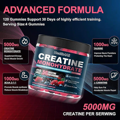 Health4All Creatine Monohydrate Gummies 5g for Men & Women, Creatine Gummy for Strength Energy & Muscle Growth Support Pre-Workout Supplement - Raspberry & Blueberry 120 Gummy