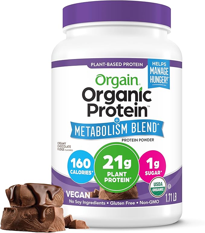Orgain Organic Protein + Metabolism Blend Powder, Chocolate Fudge - 21g Plant Protein, 5g Prebiotic Fiber, No Lactose Ingredients, Low Sugar, Non-GMO, for Shakes & Smoothies, 1.71 lb