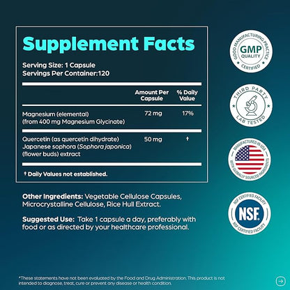 Magnesium Glycinate 400mg High Absorption Capsules with Quercetin | Quality Sleep, Relaxation & Muscle Health Supplement for Women and Men | Chelated Magnesium 120 Count (Pack of 3) | Easy to Swallow