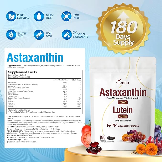 14-in-1 Astaxanthin 12mg & Lutein 40mg with Zeaxanthin Supplements, 18 Month Supply, Fresh Microalgae Source, Supports Eye, Skin, Antioxidant, Joint, Circulatory Health, Non-GMO, Gluten Free, 3 Bag