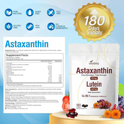 14-in-1 Astaxanthin 12mg & Lutein 40mg with Zeaxanthin Supplements, 18 Month Supply, Fresh Microalgae Source, Supports Eye, Skin, Antioxidant, Joint, Circulatory Health, Non-GMO, Gluten Free, 3 Bag