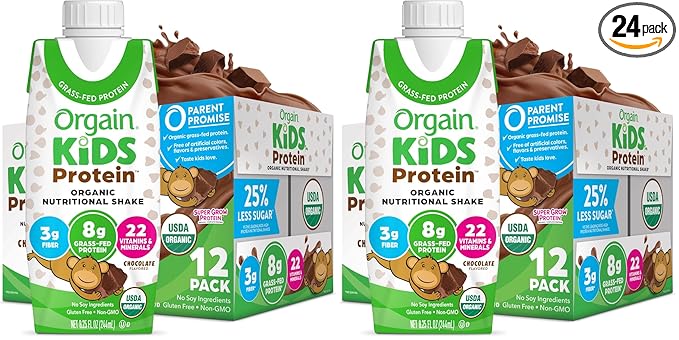 Orgain Organic Kids Nutritional Protein Shake, Chocolate, Healthy Kids Snacks, 8g Dairy Protein, 3g Fiber, 22 Vitamins & Minerals, No Soy Ingredients, Gluten Free, Non-GMO, 8.25 Fl Oz (Pack of 24)