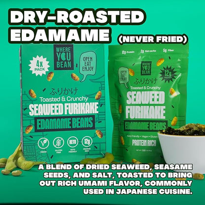 Where You Bean Edamame Beans Snack (Seaweed Furikake) - Crunchy and Dry Roasted Edamame Beans - High Protein Snacks, Keto and Vegan Healthy Snacks for Adults & Low Carb Asian Snack 3 oz (Pack of 4)