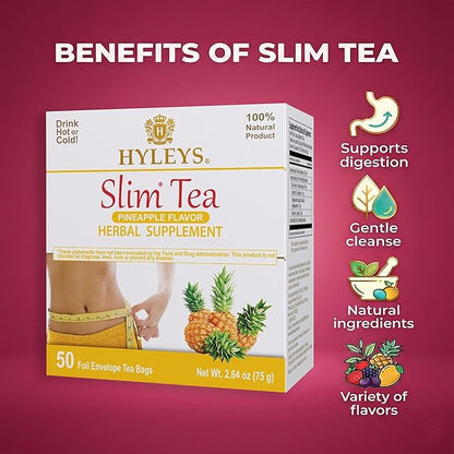 Hyleys Slim Tea Weight Loss Herbal Supplement with Pineapple - Cleanse and Detox - 50 Tea Bags (6 Pack)