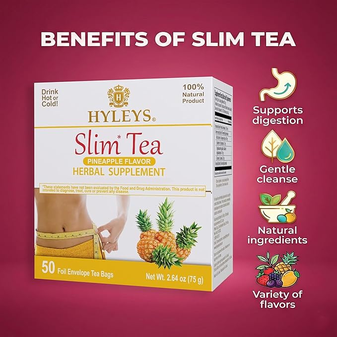 HYLEYS Slim Tea Weight Loss Herbal Supplement with Pineapple - Cleanse and Detox - 50 Tea Bags (1 Pack)