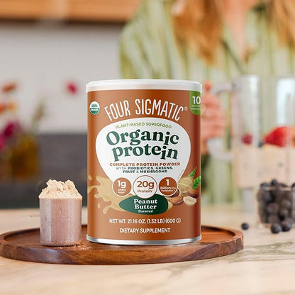 Four Sigmatic Organic Plant-Based Protein Powder | Clean Vegan Protein Elevated with Lion’s Mane, Chaga, Cordyceps and More for Brain Function and Immune Support | Peanut Butter, 21.16 oz