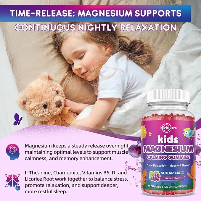 2 Pack Kids Magnesium Glycinate Gummies - Magnesium Gummies with L-Theanine, Chamomile, Licorice, Vitamin B6, D for Kids & Adults Sleep, Stress, Muscle Relief & Nerve Bone - Sugar Free Grape