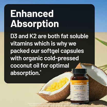 NatureWise Vitamin D3 4000IU + K2 (MK7) 100mcg with Organic Extra Virgin Coconut Oil - Supports Calcium Absorption, Bone & Immune Health - Non-GMO, Soy & Gluten-Free - 30 Softgels[1-Month Supply]