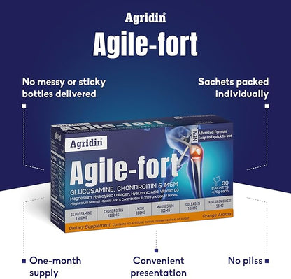 Agile Fort Joint Support Supplement – Glucosamine, Chondroitin, MSM, Type II Collagen & Magnesium – 30 Sachets for Joint & Cartilage Health for Women and Men