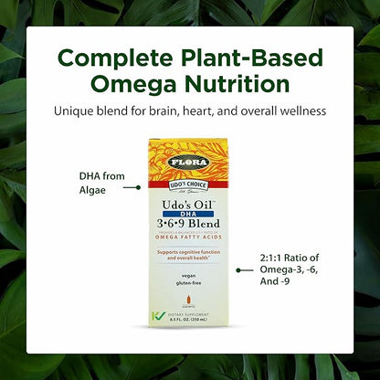 Flora - Udo's Choice Omega 369 Oil Blend with DHA, Udo's Oil Balanced 2:1:1 Ratio of Omega Fatty Acids, Supports Cognitive Function & Overall Health, 8.5-fl.oz. Glass Bottle