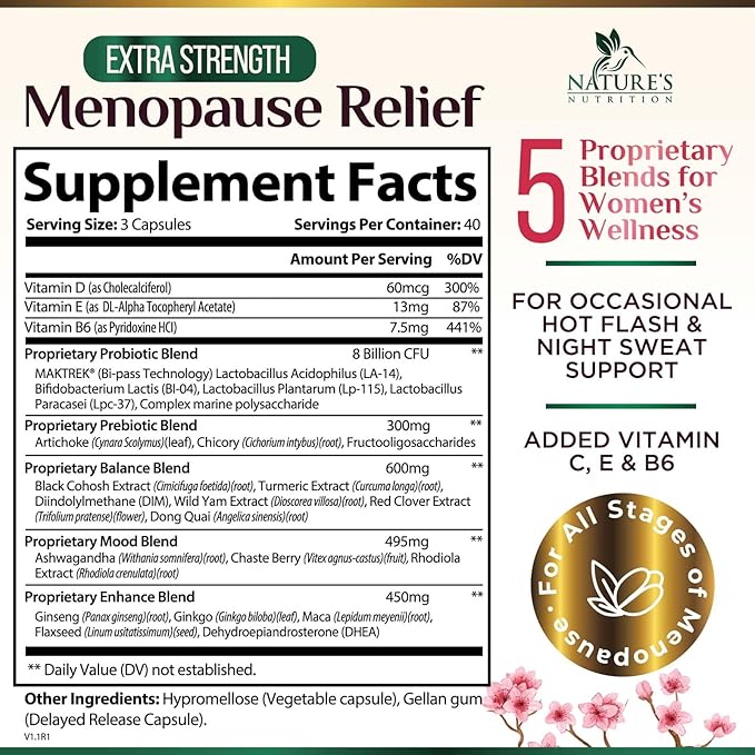Menopause Supplement for Women - Natural Menopause Relief Support for Mild Hot Flashes & Night Sweats - Best Probiotics for Women, Dong Quai, Black Cohosh, Ashwagandha - Bottled in USA - 120 Capsules