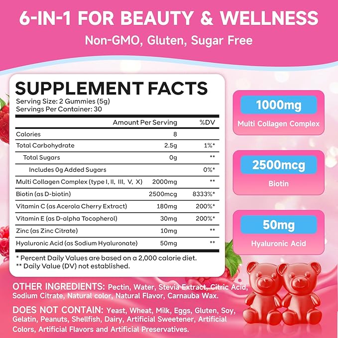 Collagen Peptide Gummies for Women & Men, Collagen Protein Type I,II,III,V,X with Biotin Vitamin C, D, Hydrolyzed Collagen Supplement for Skin, Hair, Nails, Raspberry Flavor, 60 Count