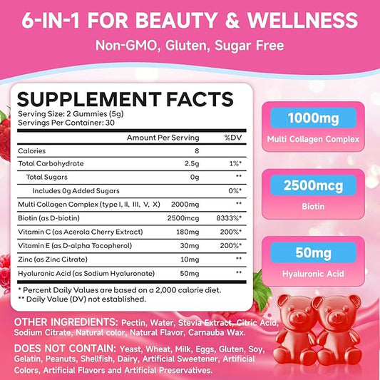 2 Pack Collagen Peptide Gummies for Women & Men, Collagen Protein Type I,II,III,V,X with Biotin Vitamin C, D, Hydrolyzed Collagen Supplement for Skin, Hair, Nails, Raspberry Flavor, 120 Count