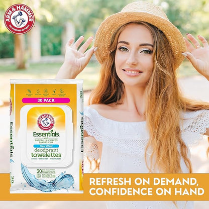 Arm and Hammer Face and Body Wipes for Adults - Deodorant Towelettes 30 Sheets for Women - Shower Wipes for Traveling, Camping, Gym, and Bathing - Alcohol-Free Face Sheets (Clear Water)