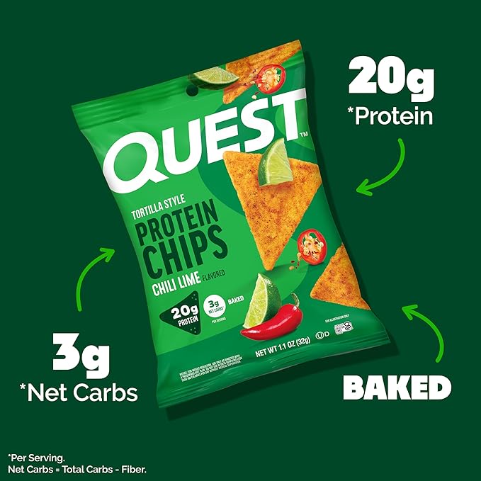 Quest Nutrition Chili Lime Tortilla Style Protein Chips, 20g Protein, 3g Net Carbs, Low Carb, Gluten Free, 1.1 oz (Pack of 12)