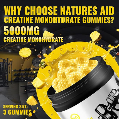 Natures Aid NSF Certified Creatine Gummy 5g - Creatine Monohydrate Gummies – Pre-Workout Energy & Muscle Growth Support for Men & Women | Pineapple Electrolyte Gummies (135 Count)