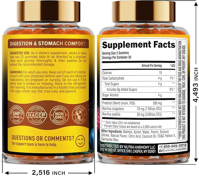 Probiotic Gummies 10B CFU with Prebiotic Fiber - Digestion & Immune Support - Debloat, Stomach & Gut Comfort - Probiotics for Women & Men - Natural Berry Flavor - Vegan & Sugar-free - 60 Gummies