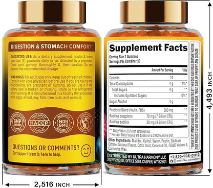 Probiotic Gummies 10B CFU with Prebiotic Fiber - Digestion & Immune Support - Debloat, Stomach & Gut Comfort - Probiotics for Women & Men - Natural Berry Flavor - Vegan & Sugar-free - 60 Gummies