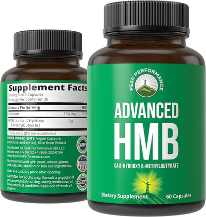 Peak Performance Advanced HMB Supplement for Men & Women - Calcium Beta-Hydroxy Beta-Methylbutyrate Capsules - Supplements for Strength, Recovery, & Lean Muscle - 1000mg of Pure HMB Per Serving