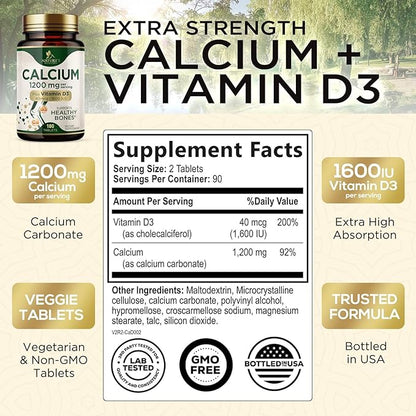 Calcium 1200 mg with Vitamin D3 Per Serving - Bone Health Supplement, Vitamin D & Calcium Supplements for Women & Men - Bone, Teeth & Immune Support, Nature's Calcium Pills, USA Bottled - 180 Tablets