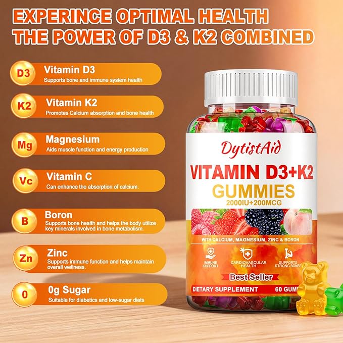 Vitamin D3 + K2 Gummies 2000 IU with Calcium + K2 (MK-7), Magnesium Citrate, Vitamin C, Zinc & Boron – Bone, Heart & Immune Support – Vegan, Non-GMO, Gelatin-Free, Sugar-Free Supplement, 120 Gummies