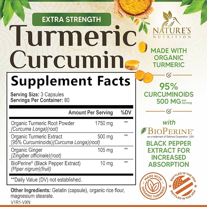 Turmeric Curcumin Supplement 2350mg - 95% Curcuminoids with Organic Turmeric & Ginger, BioPerine Black Pepper for Best Absorption, Nature's Vegan Joint Support, Non-GMO, Bottled in USA - 240 Capsules