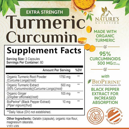 Turmeric Curcumin Supplement 2350mg - 95% Curcuminoids with Organic Turmeric & Ginger, BioPerine Black Pepper for Best Absorption, Nature's Vegan Joint Support, Non-GMO, Bottled in USA - 240 Capsules