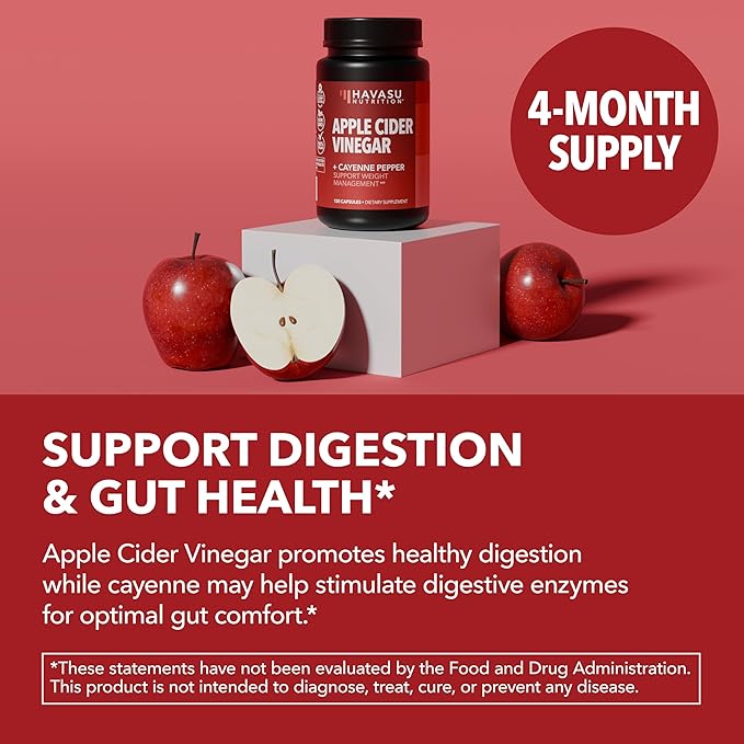 Apple Cider Vinegar Capsules with Cayenne Pepper for Digestive Health Support - 500mg ACV and 20mg Capsicum Annuum Per Serving - Easy-to-Take, Unflavored - 120 Count - Vegan, Non-GMO - 4 Month Supply