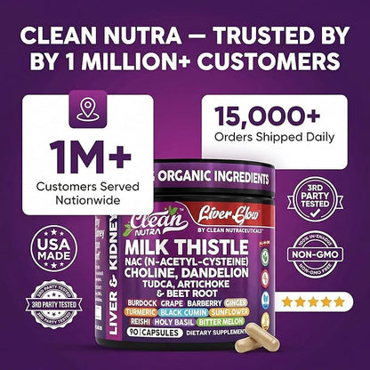 Clean Nutra Organic Milk Thistle Supplement | Liver Cleanse Detox & Repair + NAC Choline Dandelion Root TUDCA Artichoke Beet Root Burdock Holy Basil Kidney & Liver Support 90 Vegan Capsules