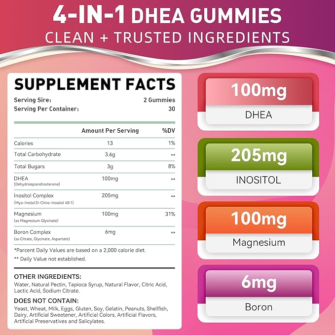 DHEA Gummies, DHEA Supplements for Women, DHEA 100mg 50mg Chewable with Boron, Inositol and Magnesium, Pro-Aging, Ovarian Support, Sleep Support, Vegan, 60 Counts