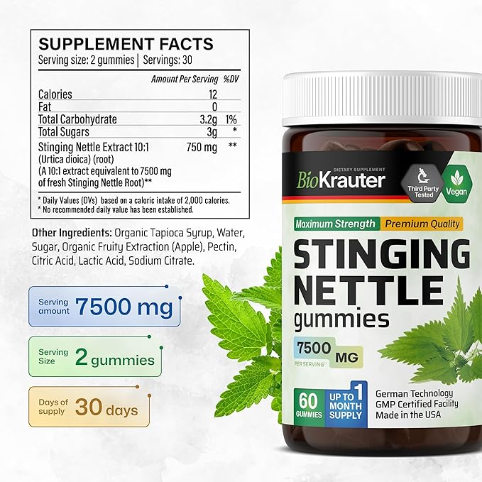 BIO KRAUTER® Stinging Nettle for Seasonal Support - Stinging Nettle Root Supplement 750 mg for Urinary Tract Support & Daily Wellness - 60 Gummies, 30-Day Supply, Non-GMO, Apple Flavor