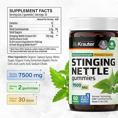 BIO KRAUTER® Stinging Nettle for Seasonal Support - Stinging Nettle Root Supplement 750 mg for Urinary Tract Support & Daily Wellness - 60 Gummies, 30-Day Supply, Non-GMO, Apple Flavor
