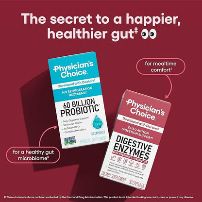 Physician's CHOICE Digestive Enzymes for Bloating & Digestion - 16 Enzymes with Organic Prebiotics & Probiotics for Gut & Digestive Health - Meal Time Discomfort Relief - Dual Action Support - 60 CT