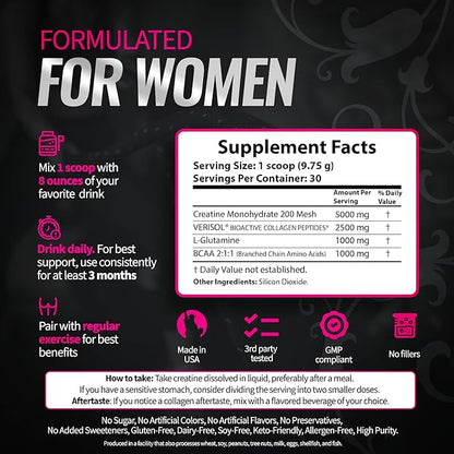 Creatine for Women – Booty Builder Supplement with Collagen & BCAA – Supports Muscle Development, Post-Workout Recovery, Skin Elasticity, Healthy Hair & Nail | Unflavored – 30 Servings