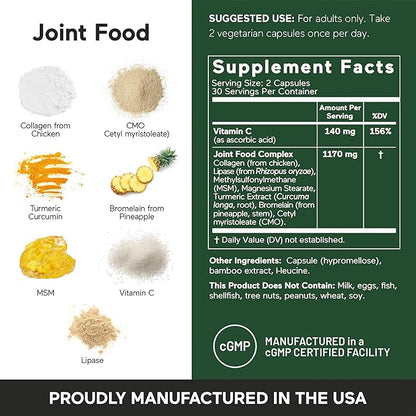 SMARTERNUTRITION Joint Food - Nourishing Support for Joint Comfort, Lubrication, Mobility with Collagen Type II, CMO, Lipase, MSM, Vitamin C, Turmeric, Bromelain - 60 Count - 30-Day Supply
