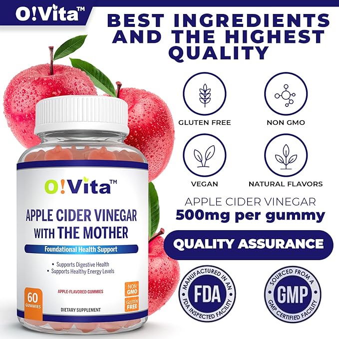Apple Cider Vinegar Gummies with The Mother, Gluten Free, Vegan, Made with Pomagranate, Beet Root, and Vitamin B12 for Energy - 60 Non-GMO Apple Flavored Gummies, up to 2-Month Supply