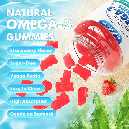 softbear Omega 3 Gummies for Women & Men & Kids Omega 3 Supplements 1200mg Vegan Omega 3 Fatty Acids DHA EPA with Vitamins Support Eye & Brain Health, Sugar Free, Strawberry Flavor 120 Count
