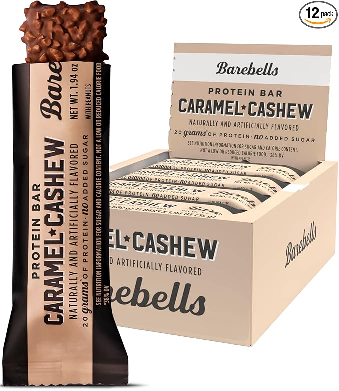 Barebells Protein Bars Caramel Cashew - 12 Count, 20g High Protein Treats - Chocolate Nutrition Bar with 1g Total Sugars - On-The-Go Breakfast or Post-Workout Snack