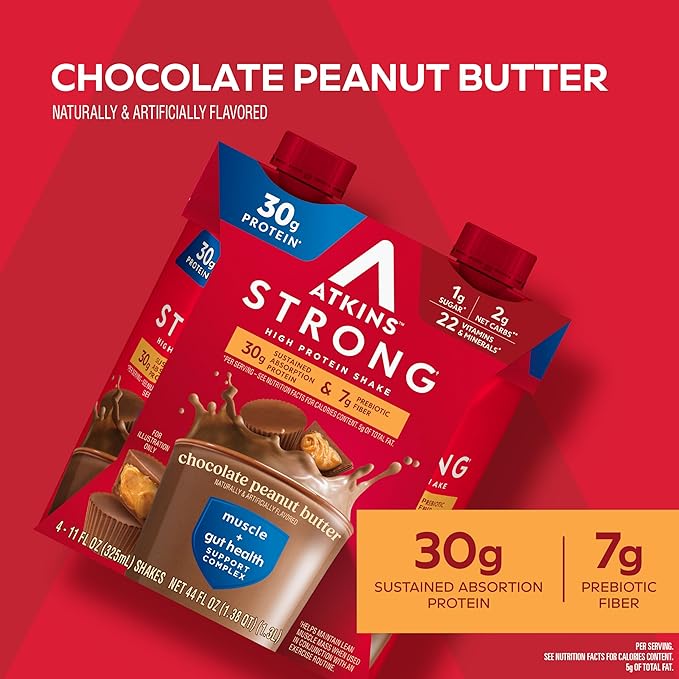 Atkins Strong High Protein Shake, Chocolate Peanut Butter Flavor, 30g Protein, GLP-1 Support, Low Carb and Low Sugar Shake, Keto Friendly, Gluten Free, Muscle and Gut Health Support, 12 Count